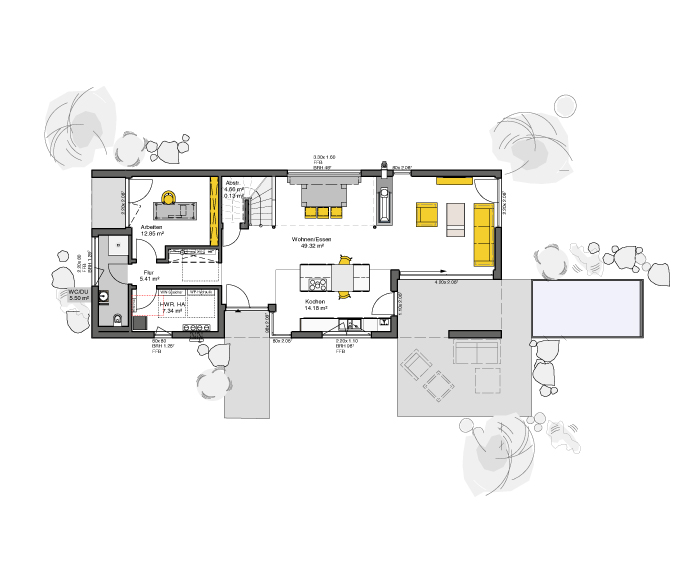 Bungalow-Grundriss Erdgeschoss mit offenem Wohnbereich, Küche, Arbeitszimmer und überdachter Terrasse