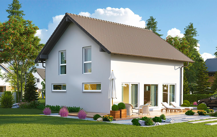 Einfamilienhaus mit Satteldach, weißer Fassade, großen Fenstern und überdachter Terrasse