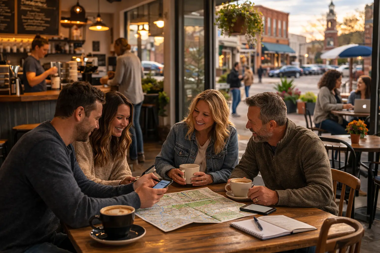 Four adults sit around a wooden table inside a cozy downtown café, smiling and talking over coffee while looking at a paper map and a phone; warm light fills the space, with a barista, other patrons, and a small-town street visible through large windows in the background.