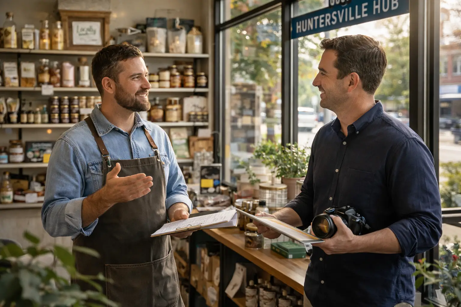 Two men stand inside a small local shop, smiling and talking while holding clipboards; one wears a work apron behind a counter of packaged goods, while the other holds a camera, suggesting a collaborative photo or listing update for a local business.