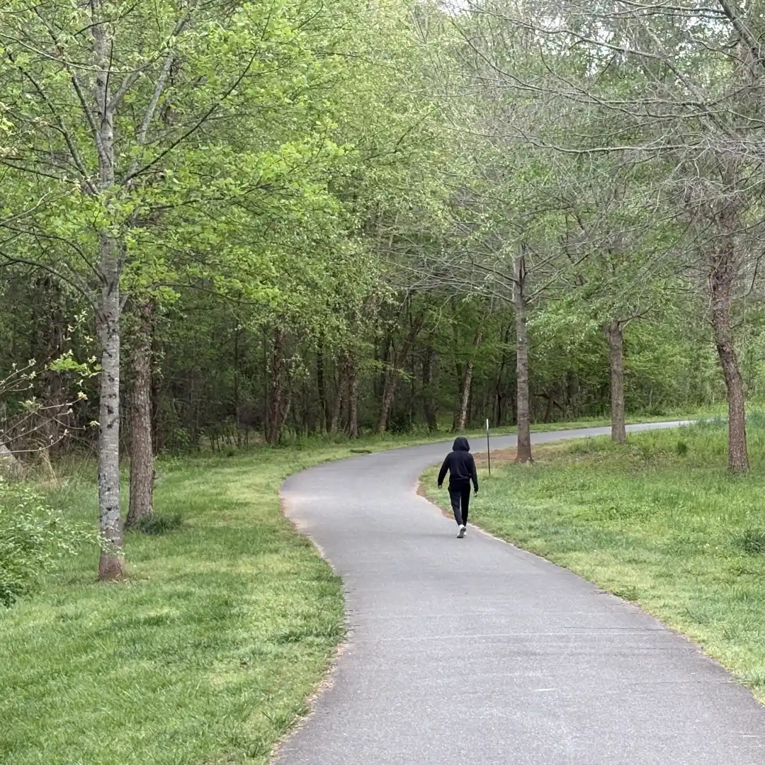 A person walking down a path in the woods in Huntersville representing green spaces for community use in Huntersville