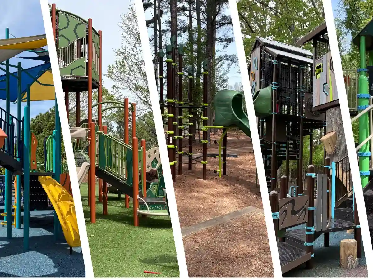 Collage of playground equipment across Huntersville, NC parks