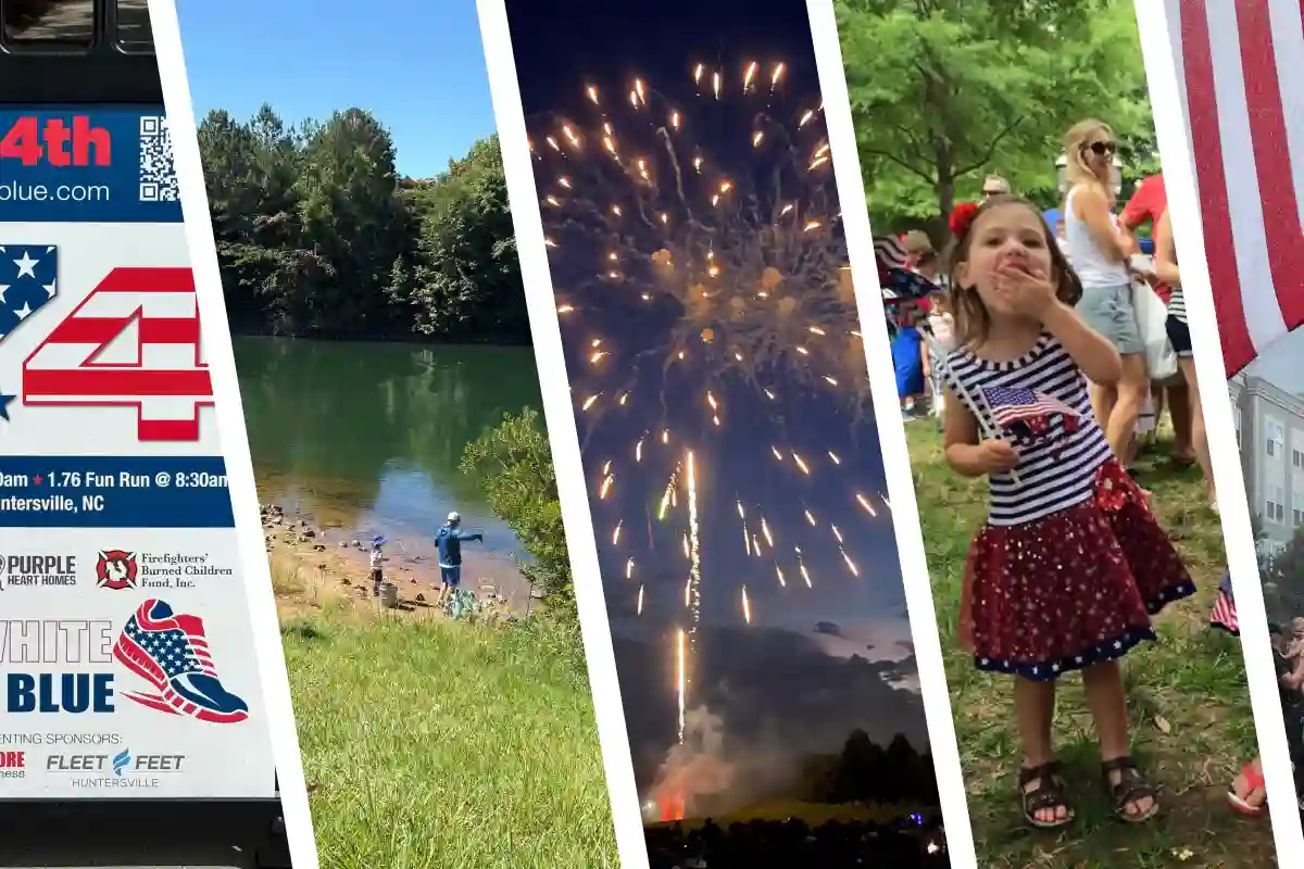 People fishing, fireworks, and a girl in red white and blue