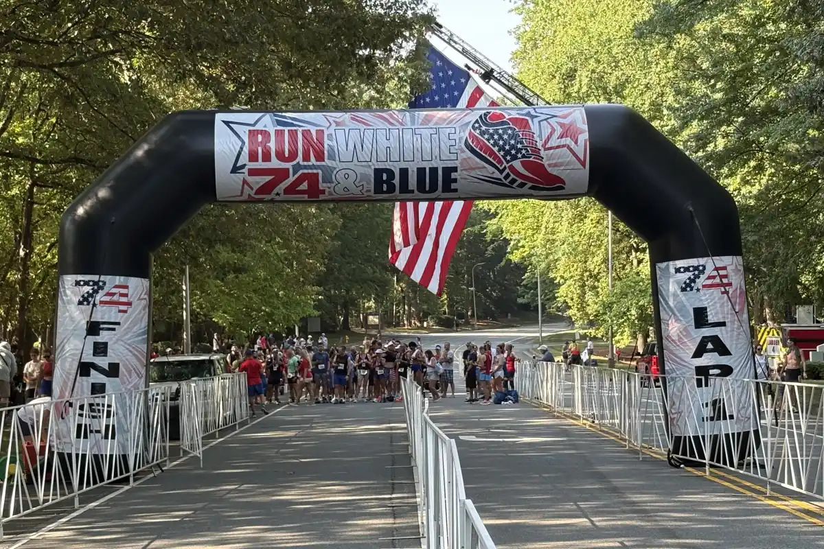 The inflated finish line and lap marker for the Run White & Blue charity race for the 4th of July in Huntersville