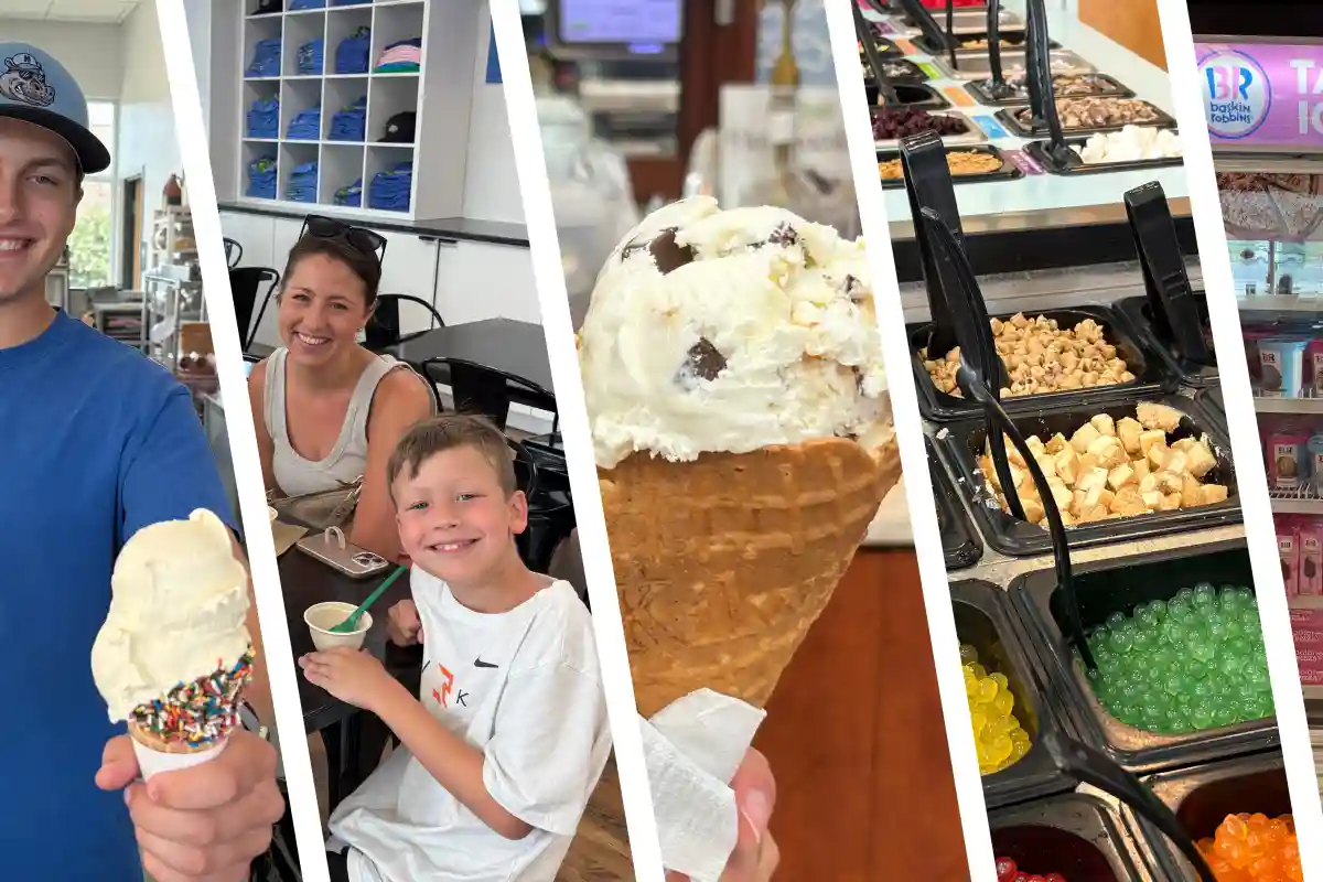 Mother and son smiling eating ice cream, close up of ice cream in a waffle cone, and a frozen yogurt topping bar