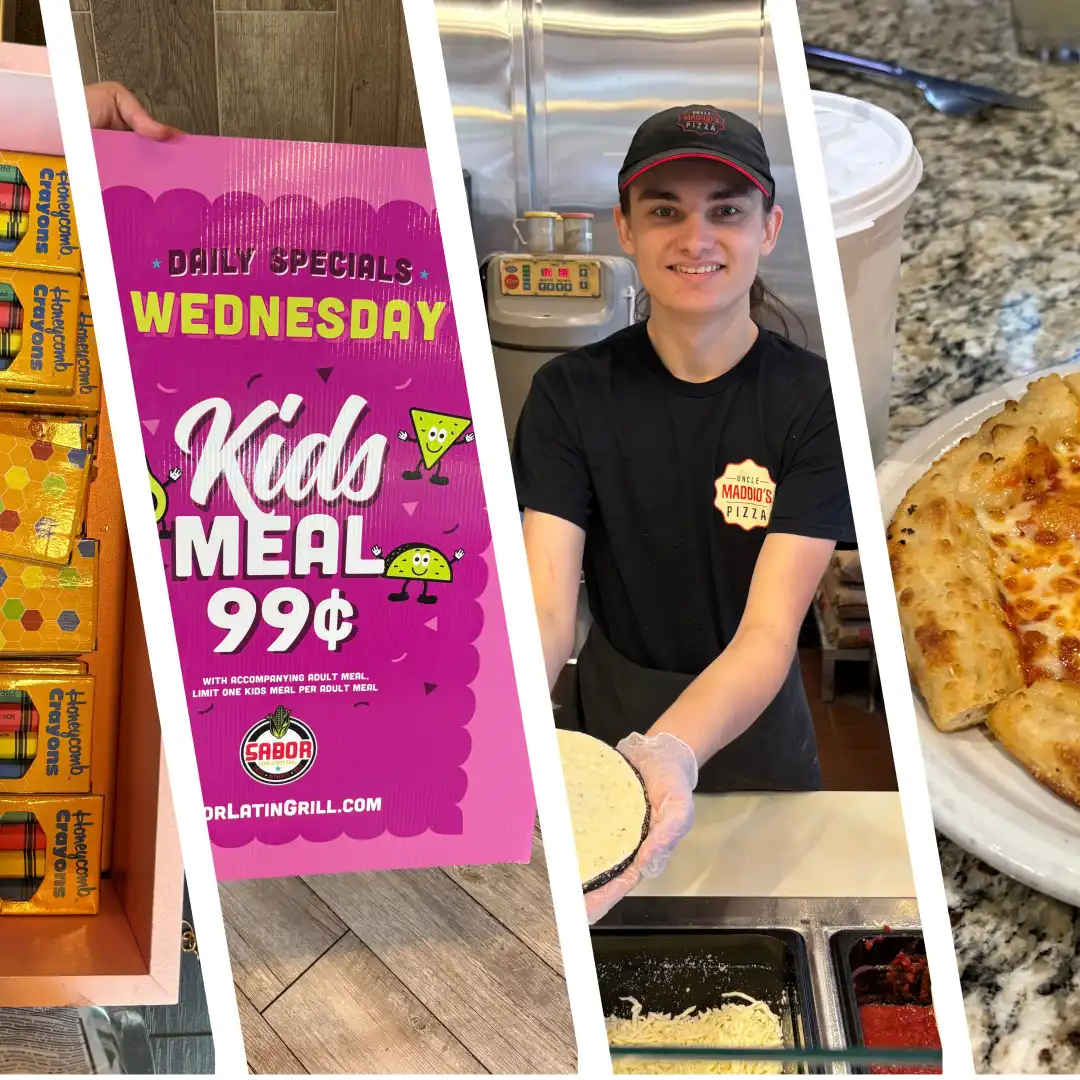 Crayons, Kids Meal 99 cents, serving hold mini-pizza dough, and pizza slice