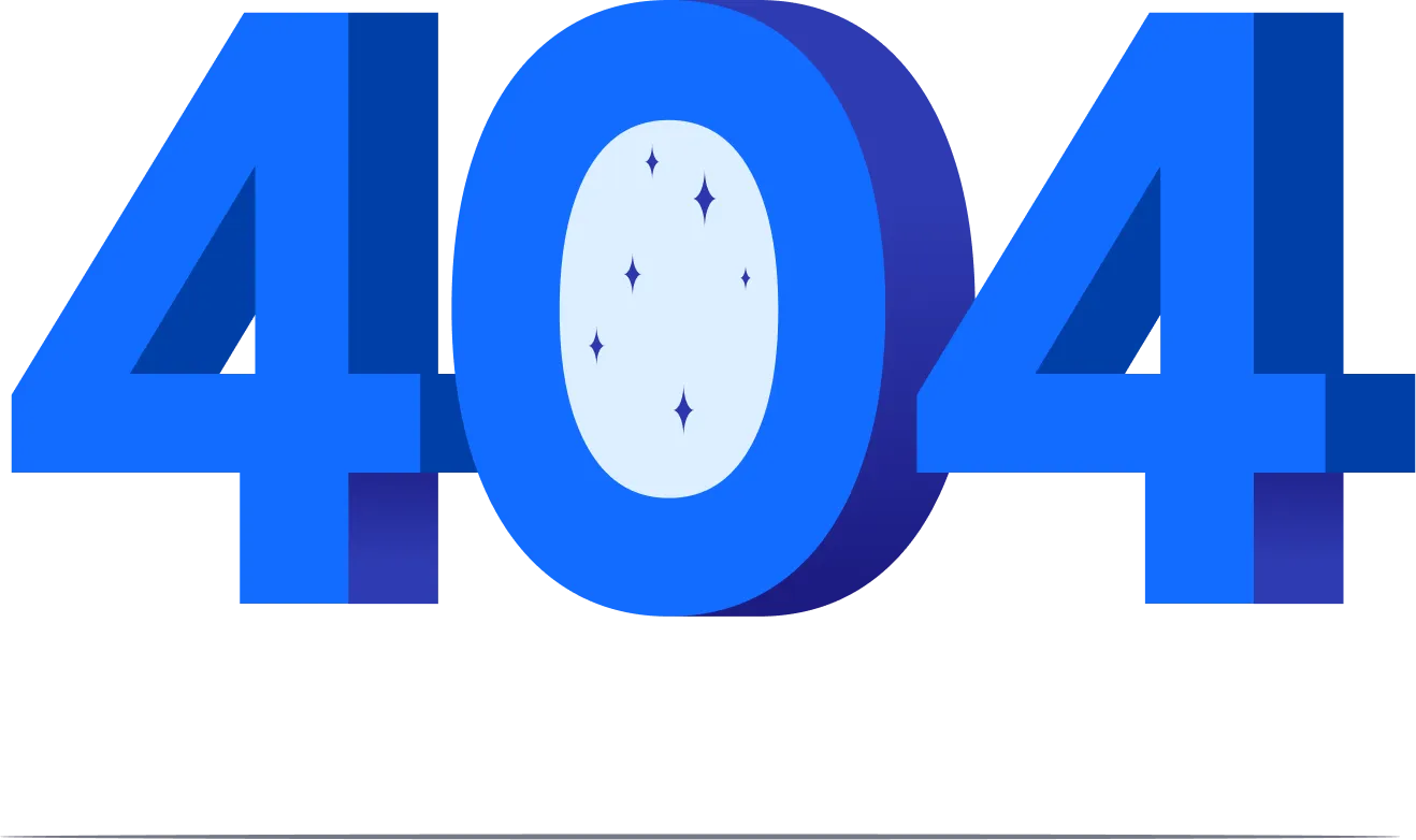 Large blue 3D text displaying the number 404 with stars inside the zero.