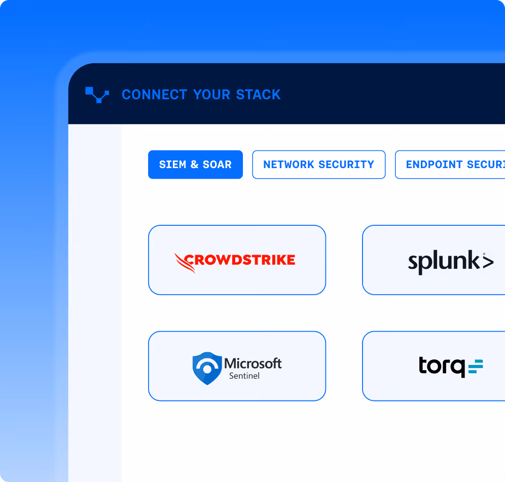 UI panel titled 'Connect Your Stack' with tabs SIEM & SOAR, Network Security, Endpoint Security, showing logos for CrowdStrike, Splunk, Microsoft Sentinel, and Torq.