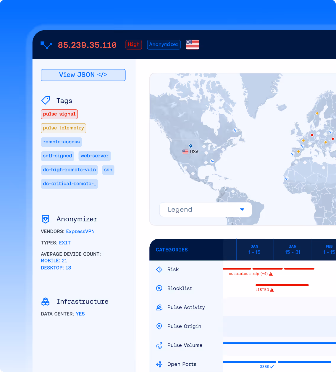 IP address 85.239.35.110 classified as high risk with anonymizer location in the USA, showing tags like pulse-signal, remote-access, and ssh, with a world map highlighting USA and Europe and a risk activity timeline.