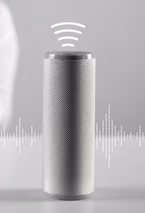 Gray cylindrical smart speaker emitting sound waves on a gray background.