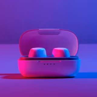 Pair of wireless earbuds in an open charging case with purple and blue lighting.