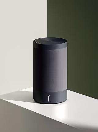 Tall, cylindrical black smart speaker placed on a white surface against a two-tone light grey and dark green background.