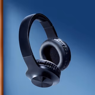 Black wireless over-ear headphones against a blue background.