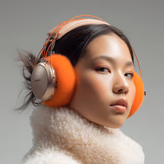 Young woman wearing large orange earmuff headphones and a fluffy white turtleneck sweater.