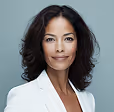 Confident woman with medium-length dark hair wearing a white blazer against a gray background.