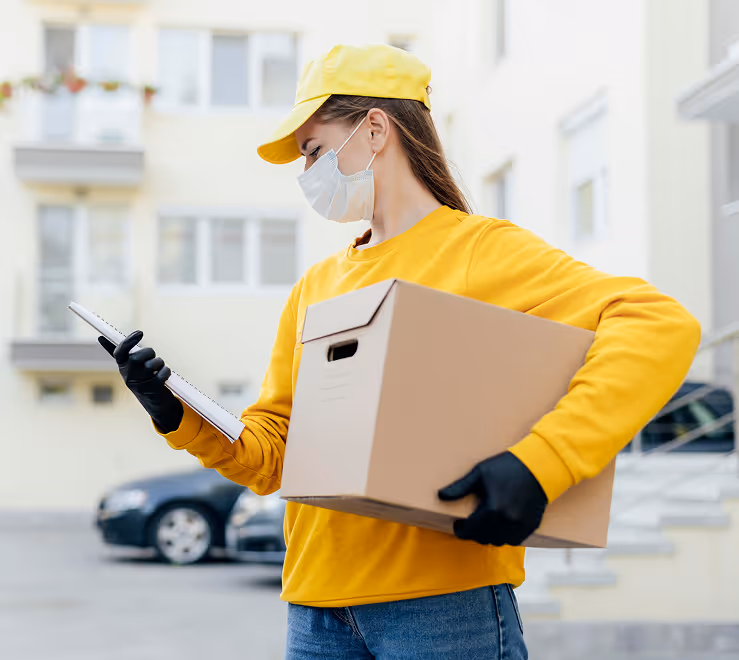 Delivery woman in yellow uniform and face mask holding a cardboard box and checking a clipboard outdoors.