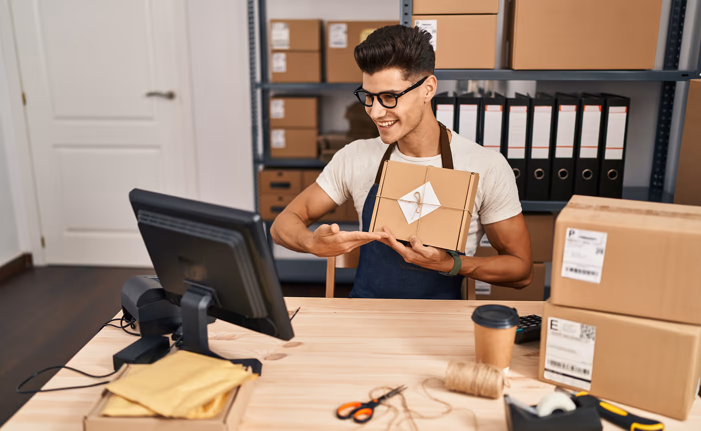 Smiling young man in an apron holding and presenting a wrapped cardboard package at a desk with shipping supplies in a small office.