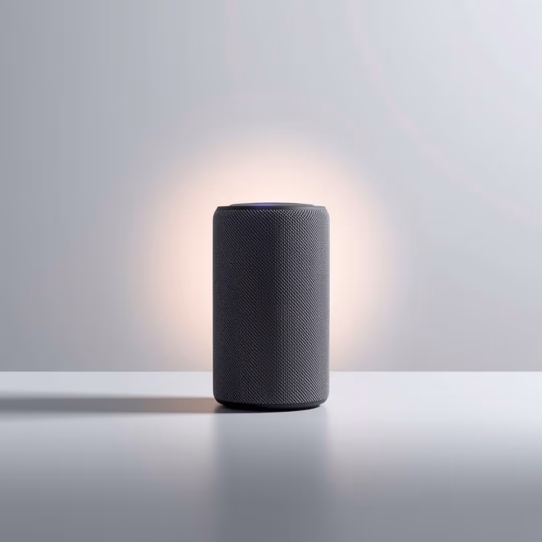 Black cylindrical smart speaker with fabric texture on a reflective surface, illuminated by soft light behind it.