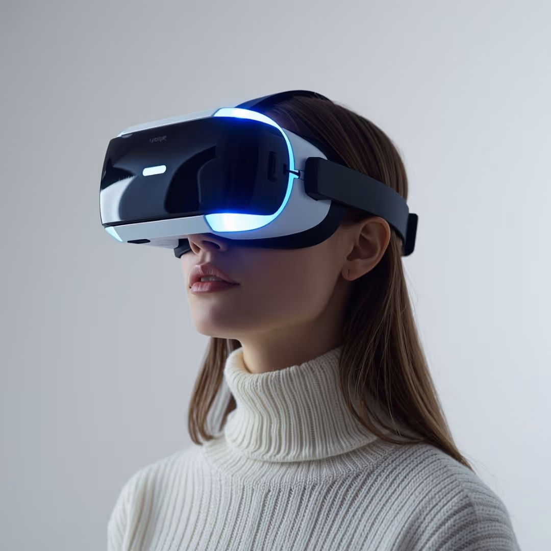 Woman wearing a virtual reality headset with glowing blue lights against a plain background.