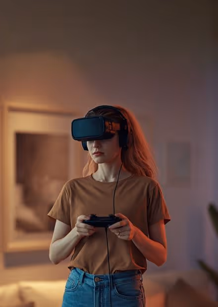 Woman wearing virtual reality headset and headphones, holding a game controller in a dimly lit room.