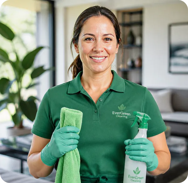 Smiling woman in green EverGreen Cleaning shirt holding a towel and spray bottle in a bright living room.
