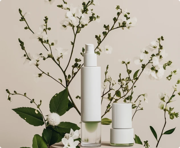 Two white cosmetic bottles on a stand with green leaves and white flowers in the background.