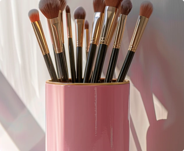 Set of makeup brushes with black handles and brown bristles in a pink holder.