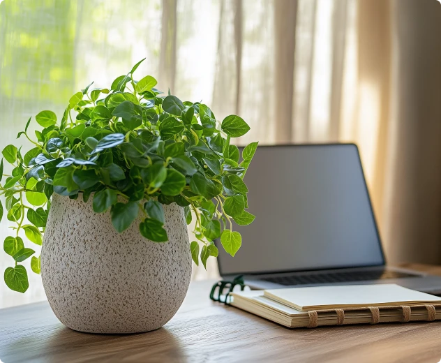 Green leafy plant in a stone pot on a wooden desk with a closed laptop and notebook nearby.