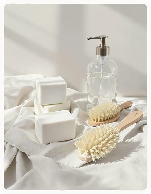 Three white soap bars, two wooden brushes with natural bristles, and a clear pump bottle on fabric.