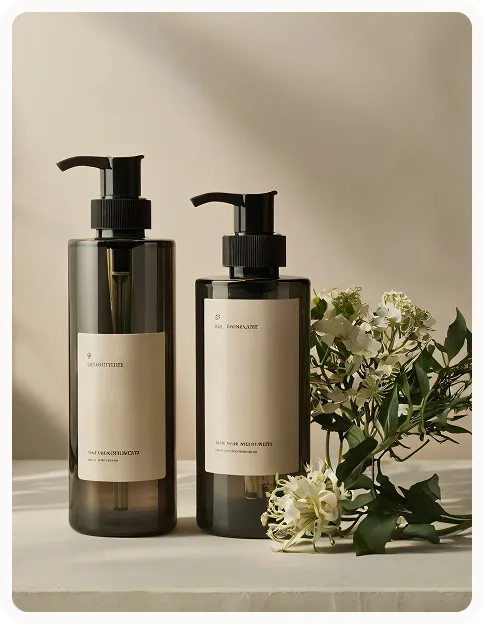 Two dark pump bottles with minimal labels next to white flowers on a light surface.