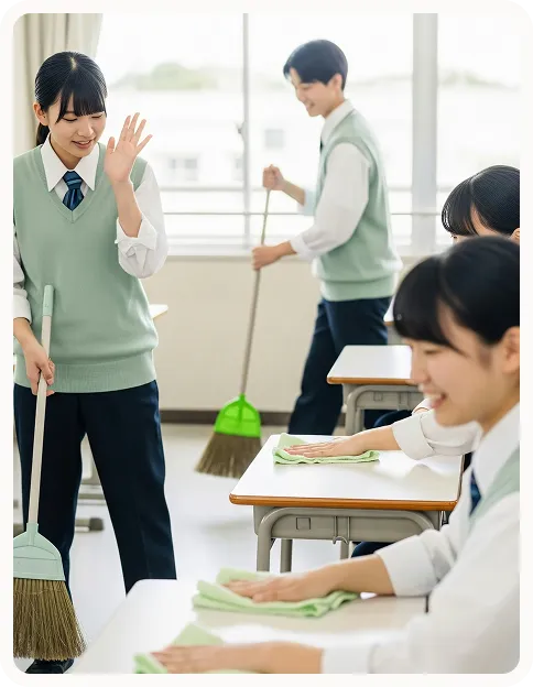 Students in uniform cleaning classroom desks and sweeping the floor together.