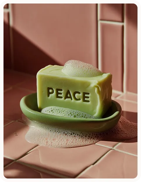 Green soap bar with the word PEACE on a green dish with bubbles on pink tiled surface.