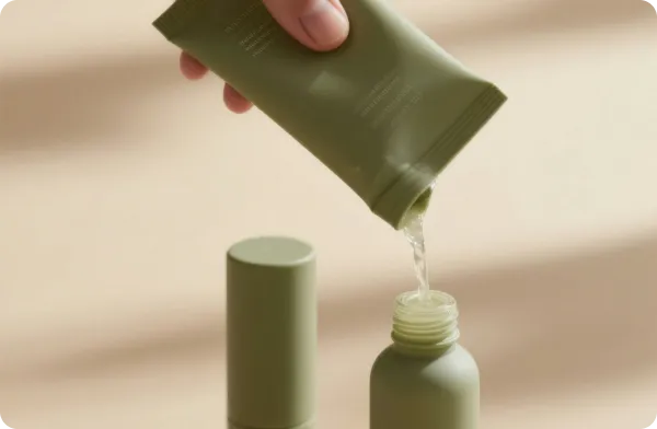 A hand pours clear liquid from a green squeeze tube into a matching green bottle on beige background.