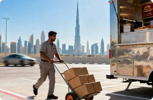 Worker pushes a hand truck loaded with boxes near a food truck with Dubai skyline and Burj Khalifa in background.