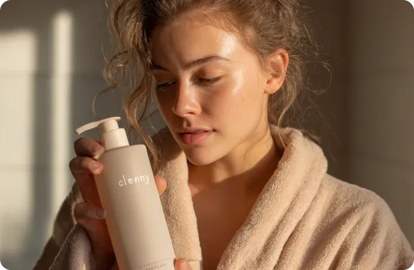 Woman in a beige robe holding and looking at a bottle labeled 'clendy' in warm light.
