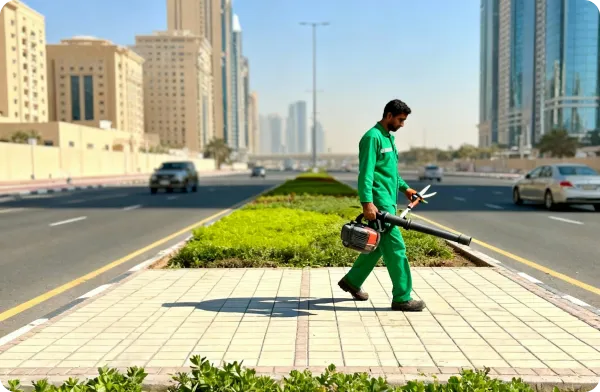 A worker in green uniform walking on sidewalk median with a leaf blower on a city street.
