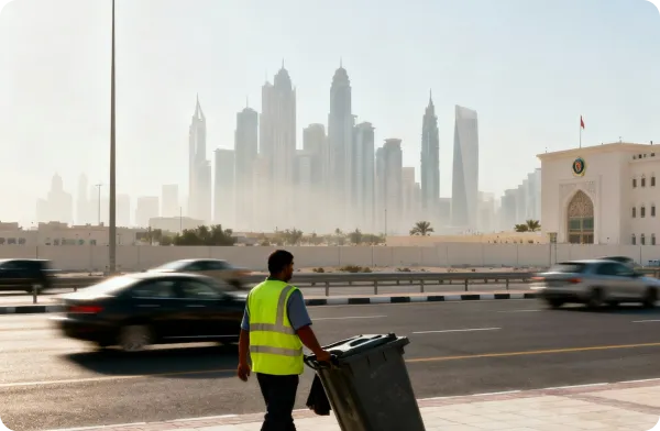 Man in yellow vest pushing trash bin on sidewalk beside busy road with city skyline in hazy background.