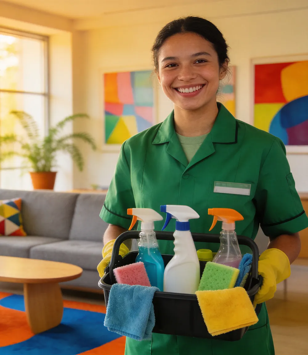 Smiling woman in green uniform holding a basket with cleaning sprays, sponges, and cloths indoors.