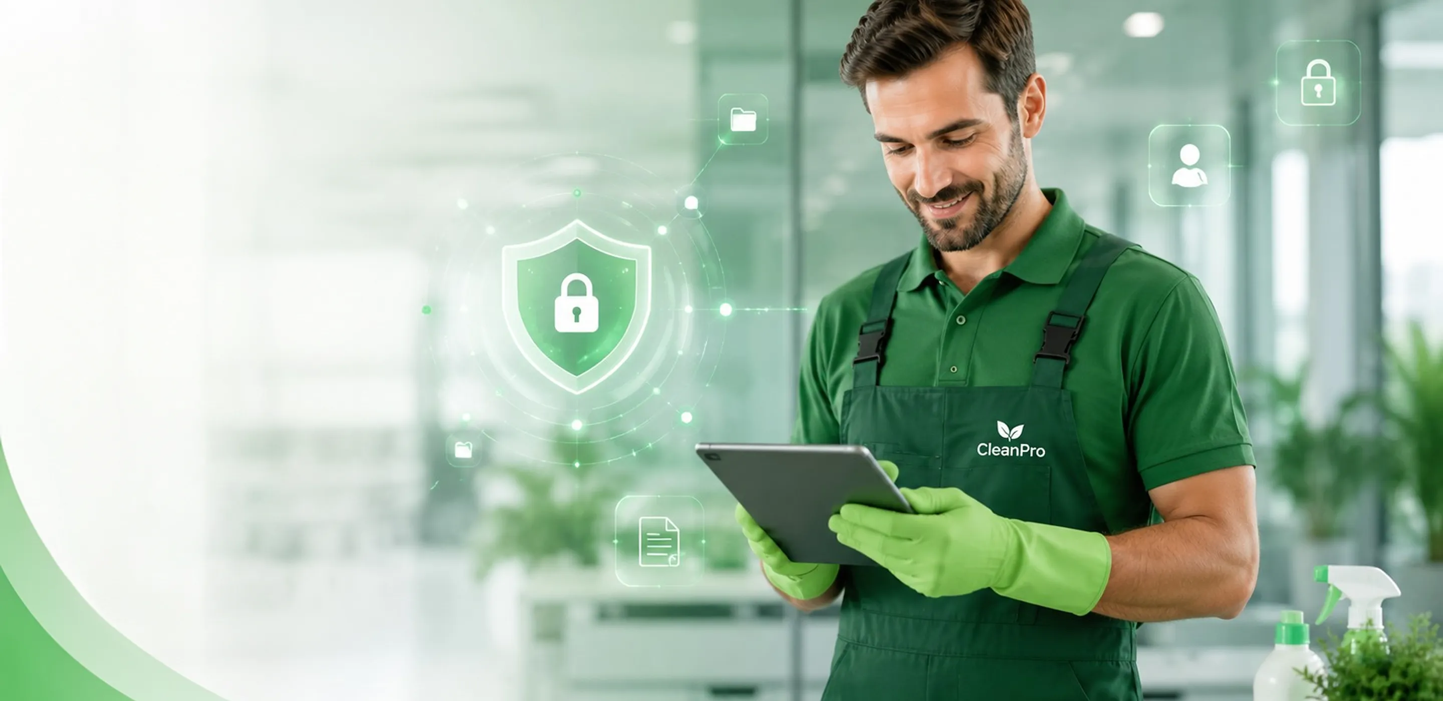 Man in green CleanPro uniform and gloves holding a tablet with a digital security shield icon.
