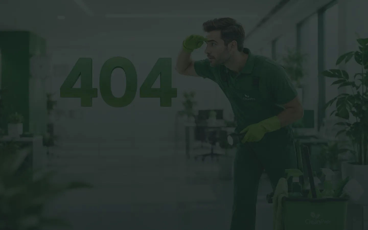 Man in cleaning uniform looking intently holding flashlight beside green 404 sign in office.