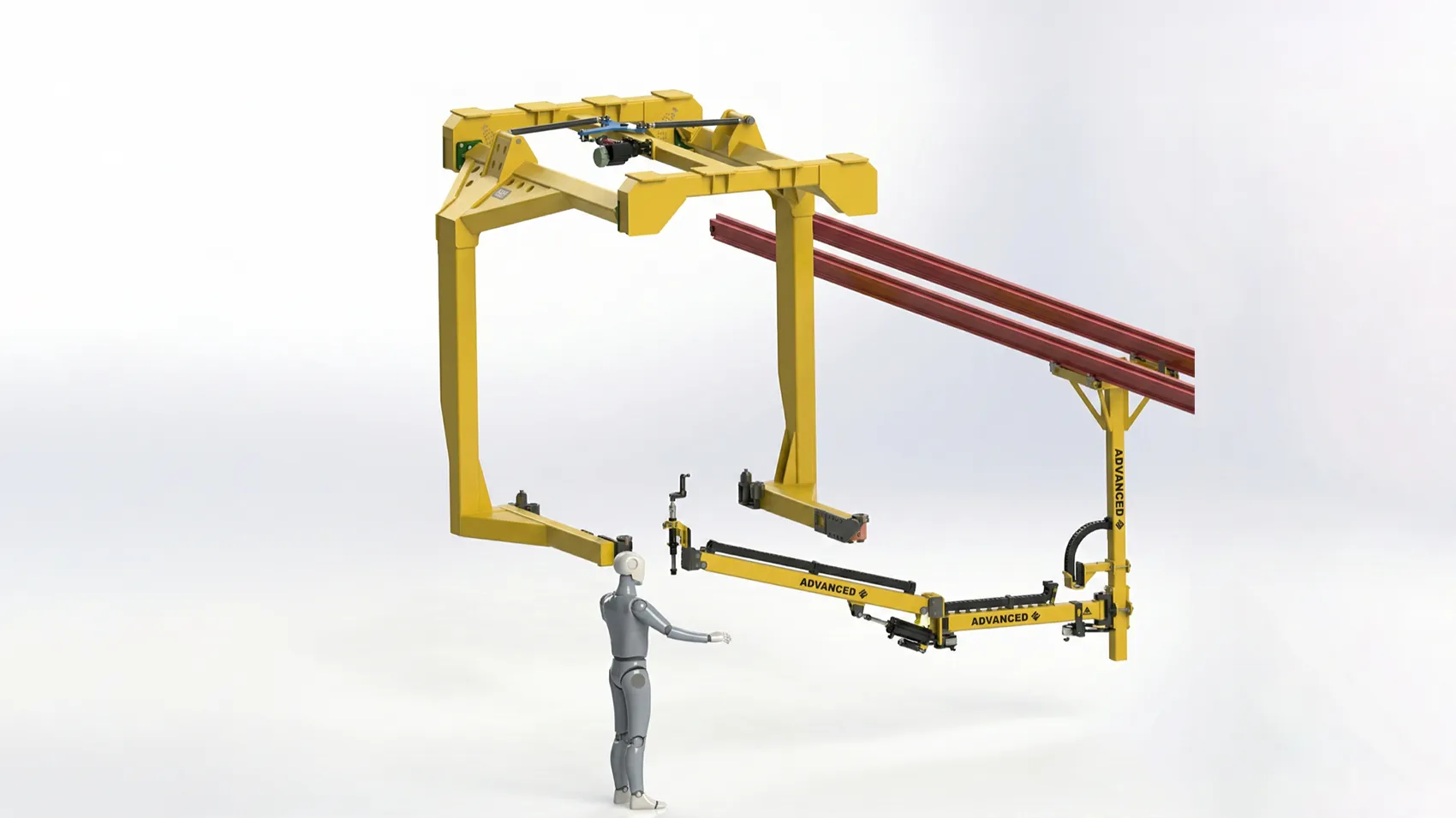 A robotic arm system labeled 'ADVANCED' connected to a yellow overhead gantry, with a human figure model next to it for scale.