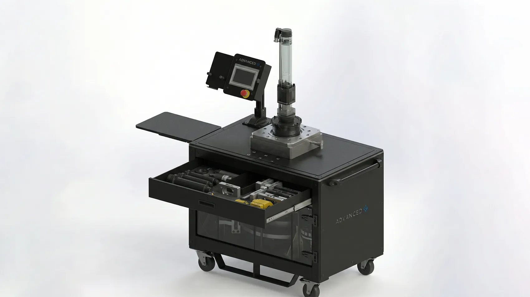 Black mobile workstation with tools drawer, mounted touchscreen control panel, and a vertical cylindrical component on top.