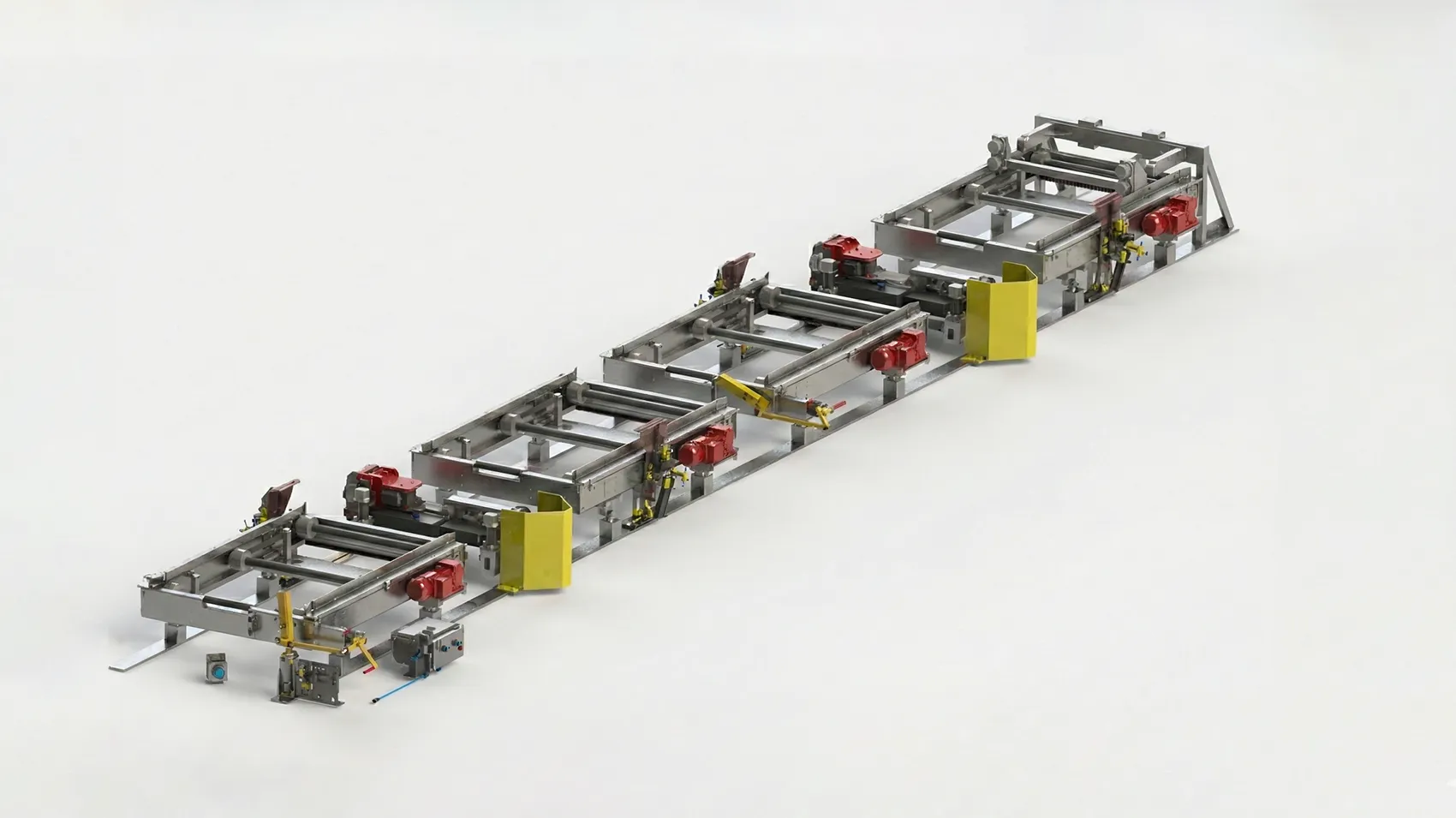 Long industrial metal conveyor system with three red motors and yellow safety guards.