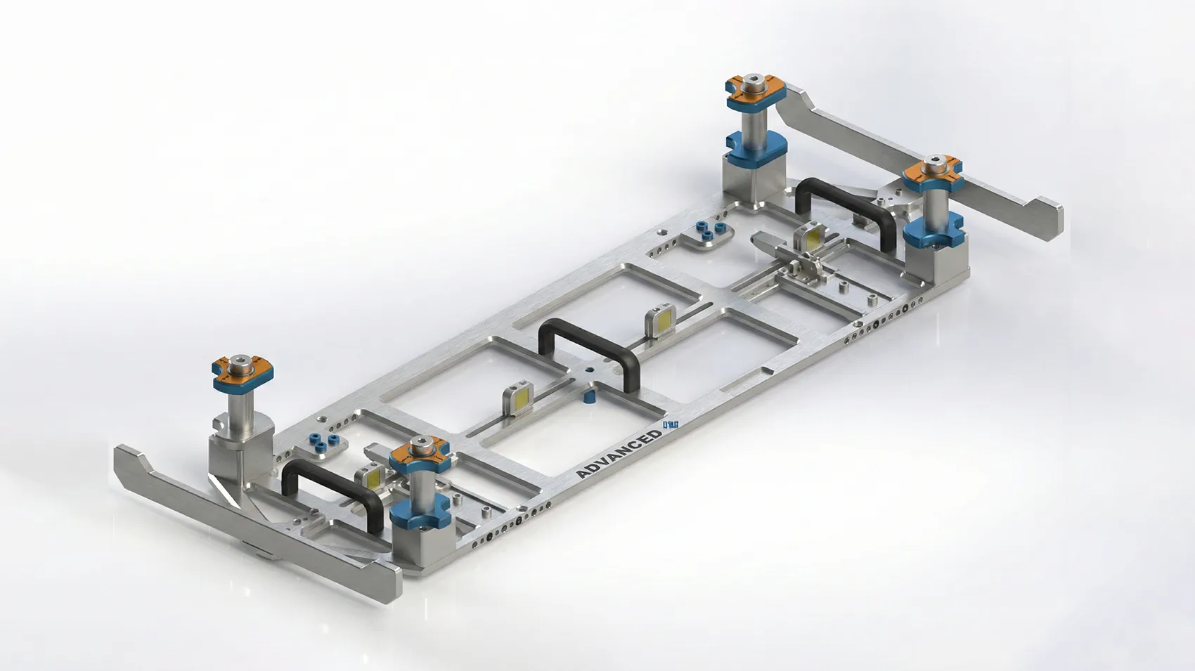 Metal mechanical fixture or jig with multiple clamps and handles labeled 'ADVANCED DPM' on a white background.
