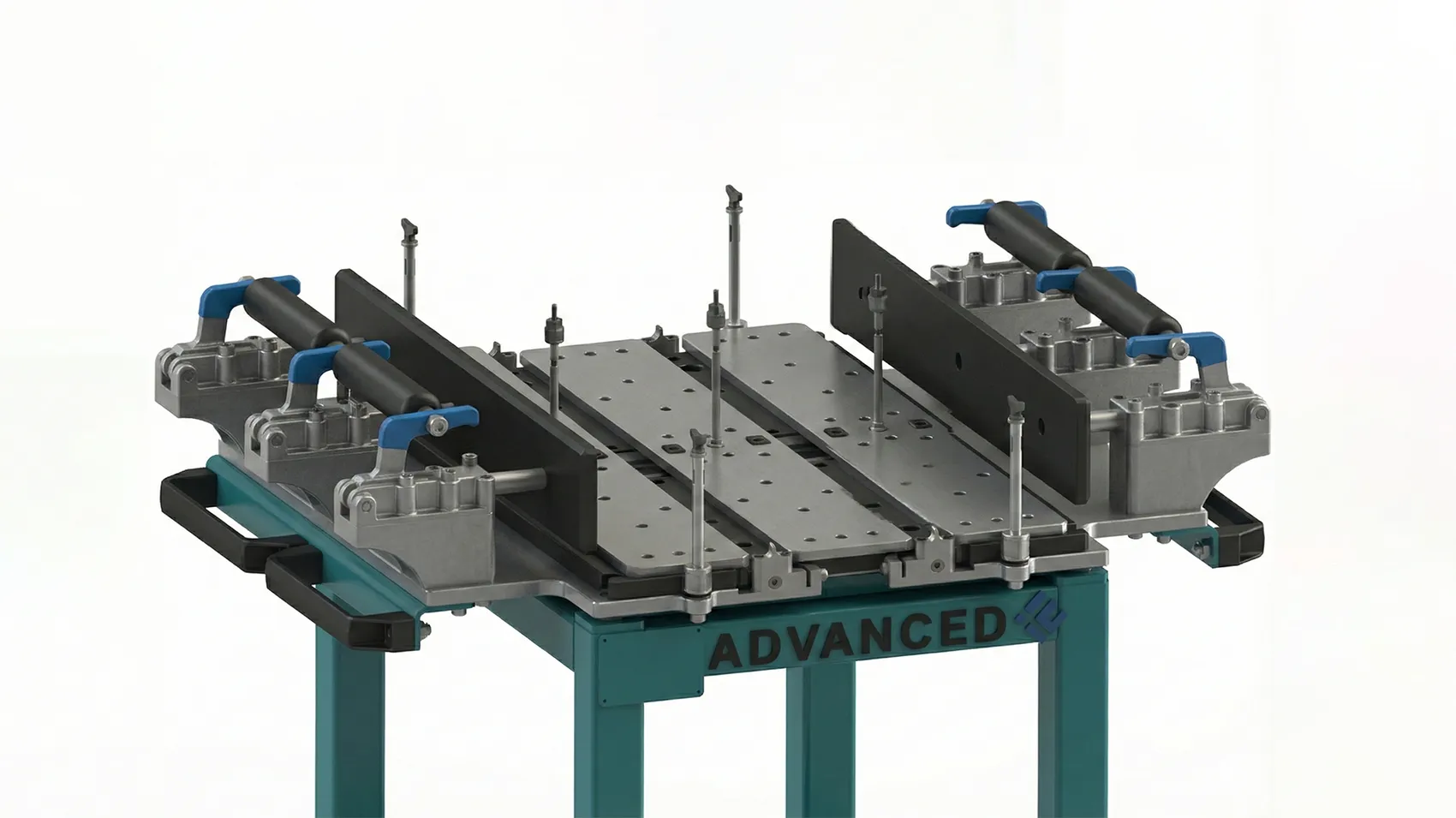 Metal work fixture with adjustable clamps and black handles mounted on a teal stand labeled 'ADVANCED'.
