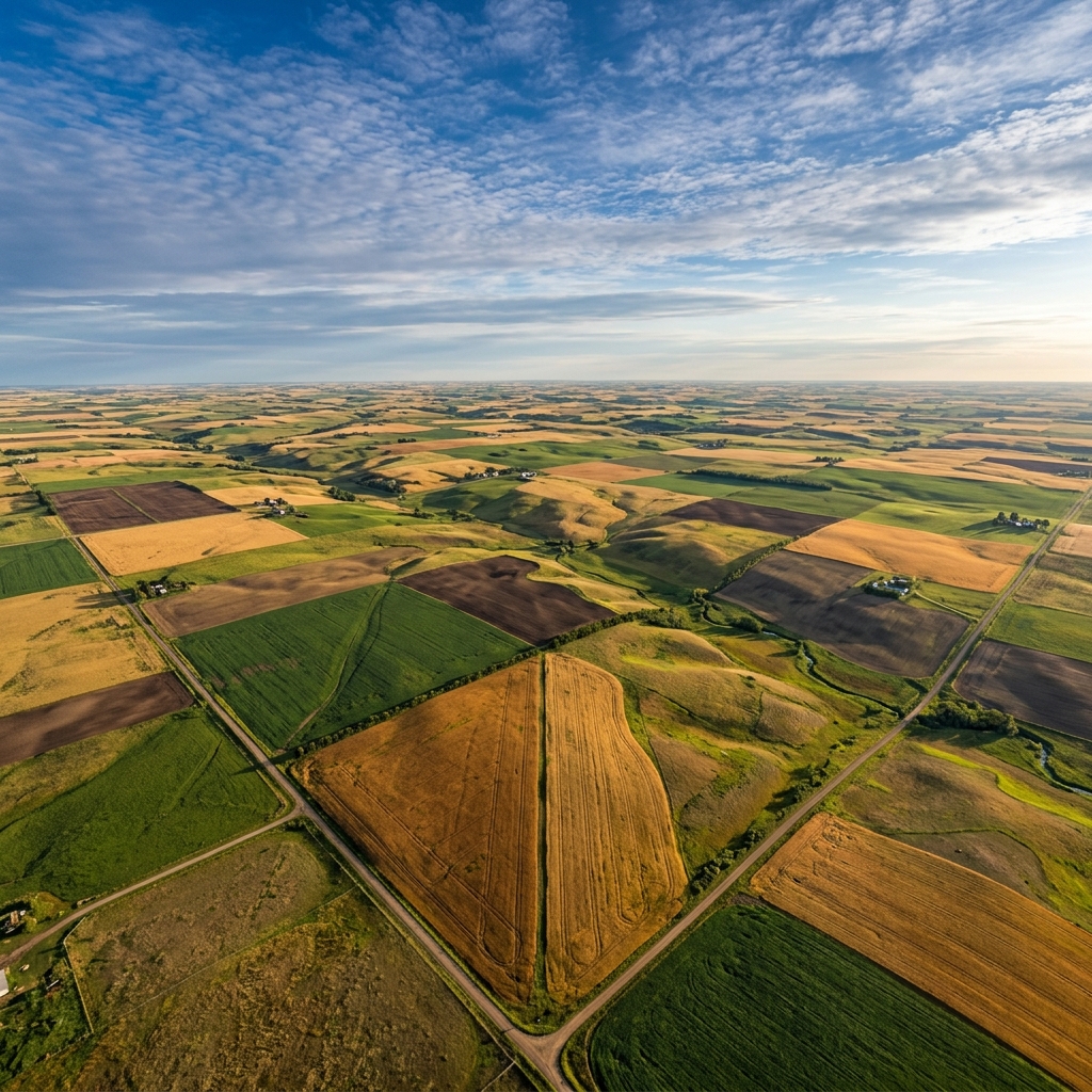 Aerial view of diverse farmland parcels on Canadian prairie