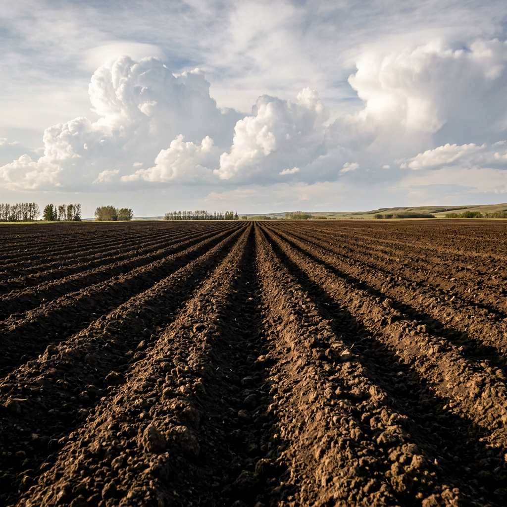 Rich tilled soil in spring farmland ready for planting