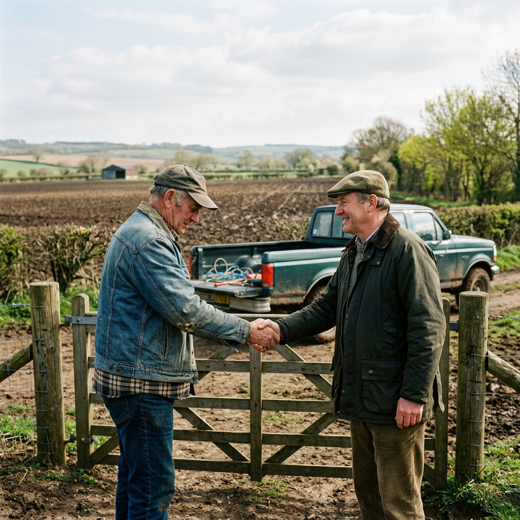 Farmer and landowner handshake at field gate