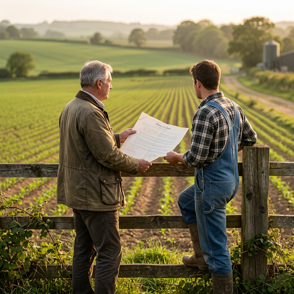 Landowner and farmer reviewing lease at field fence