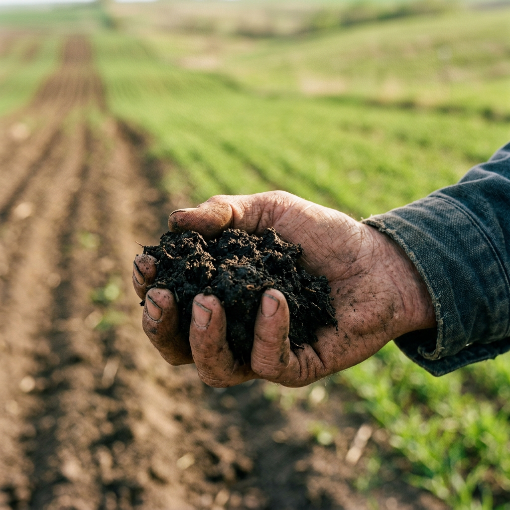 Close-up of rich prairie soil in farmer's hands